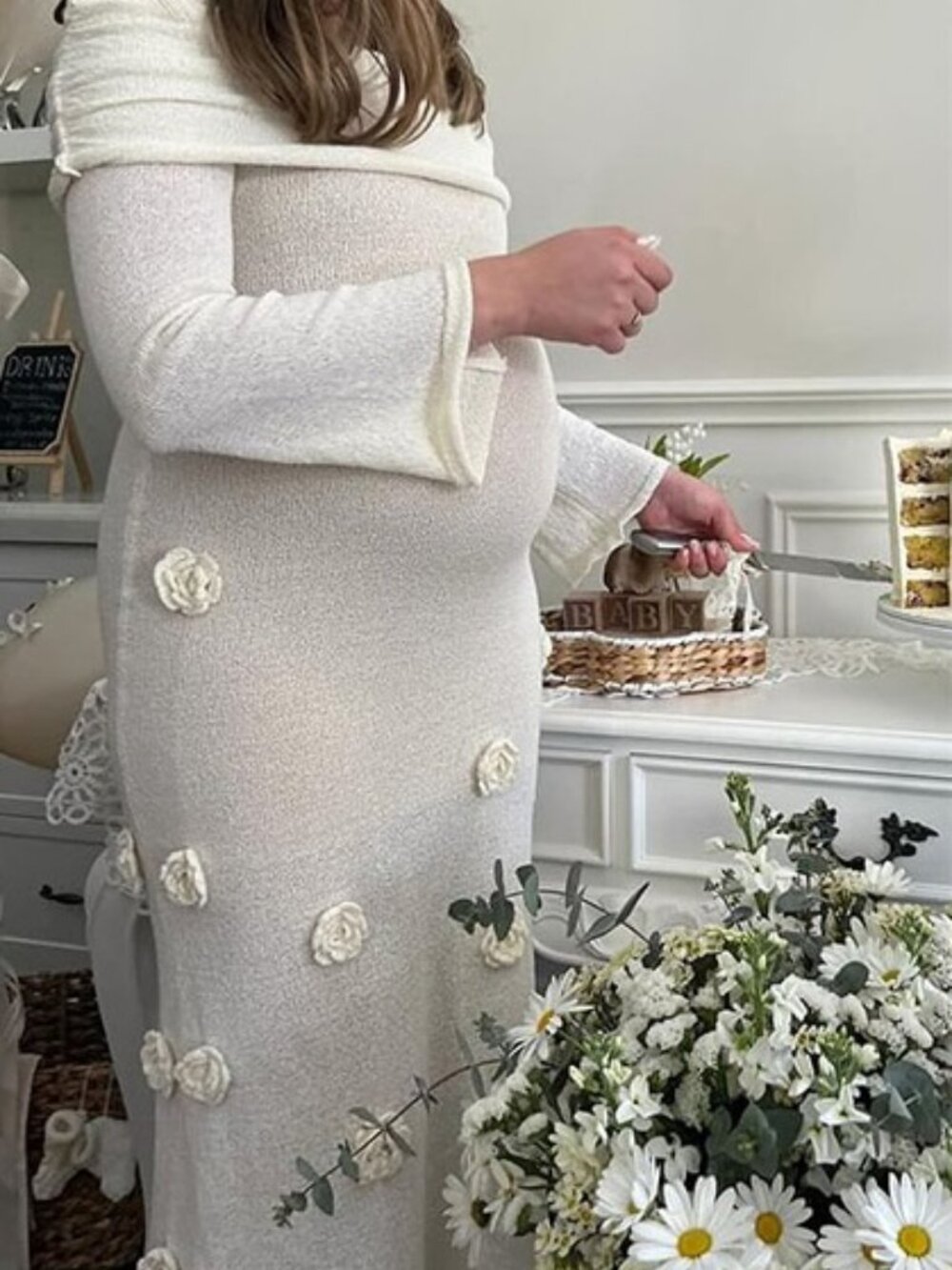 Women's Maxi Dress - Off Shoulder Floral Applique Sweater Knit Stretch, Ivory M